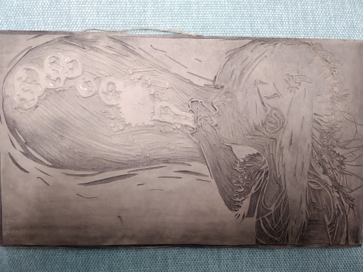 linosnede van meisje met bellenblaas