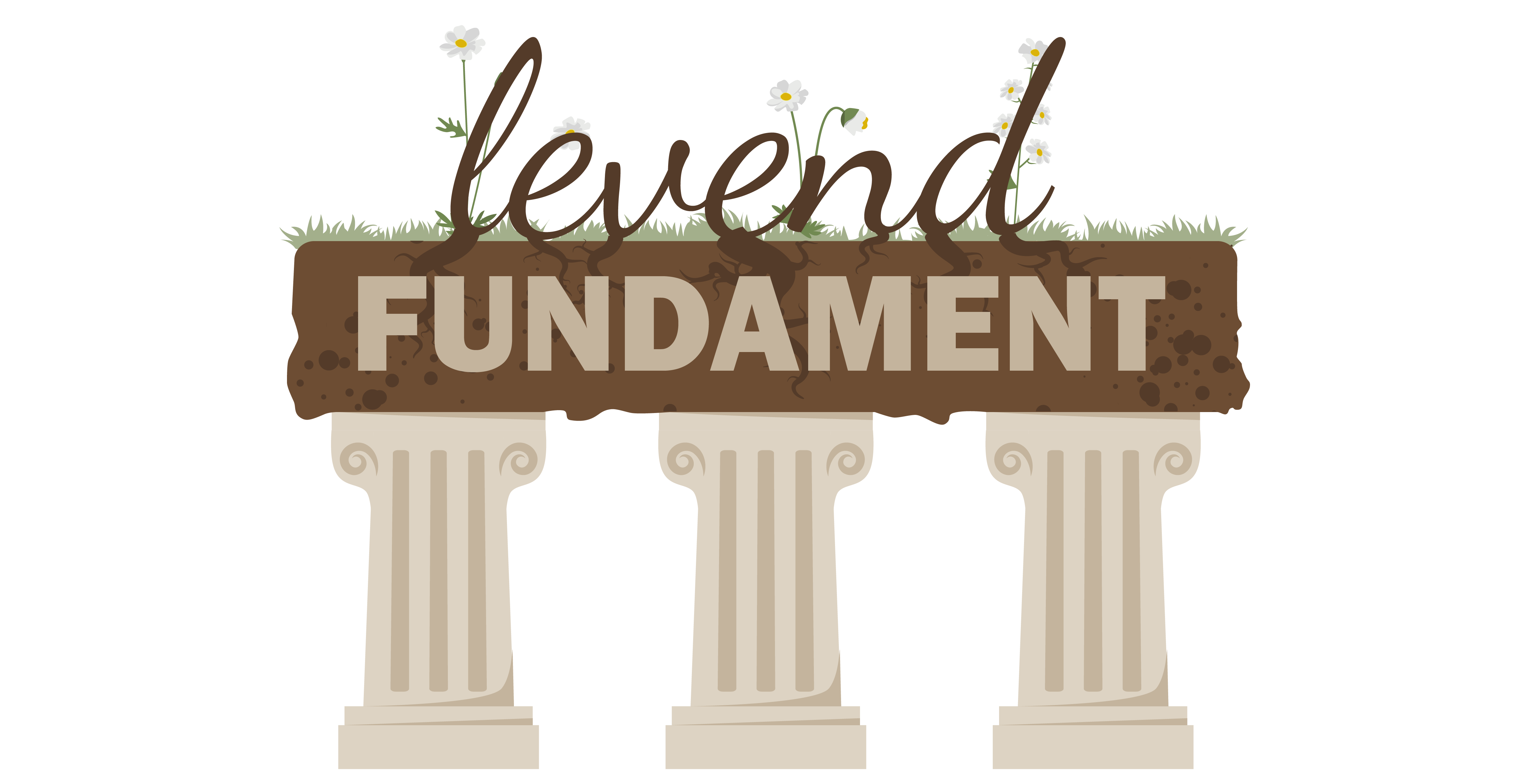 drie zuilen met daarop de tekst 'levend fundament'