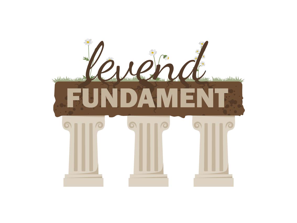 drie zuilen met daarop de tekst 'levend fundament'